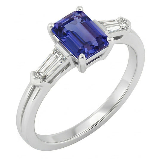 Anello con 3 pietre di smeraldo e zaffiro blu con diamanti baguette 2.25 carati