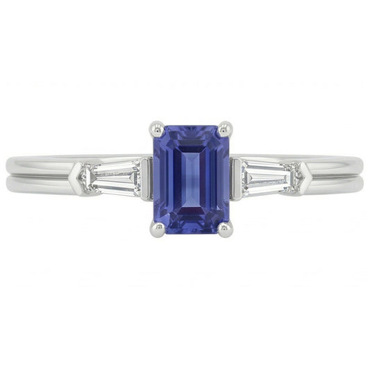 Anello con 3 pietre di smeraldo e zaffiro blu con diamanti baguette 2.25 carati