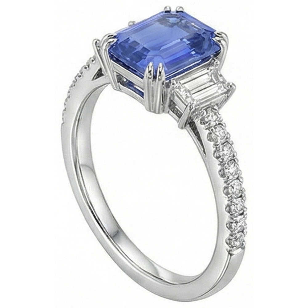 Anello con 3 pietre di smeraldo e zaffiro di Srilanka e pavé di diamanti 3.50 carati