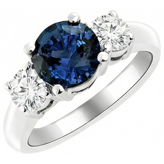 Anello con 3 pietre di zaffiro blu di Ceylon e diamante 4.50 carati in oro bianco 14K