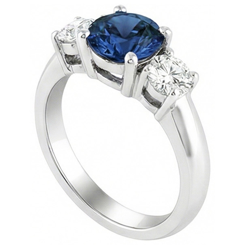 Anello con 3 pietre di zaffiro blu di Ceylon e diamante 4.50 carati in oro bianco 14K