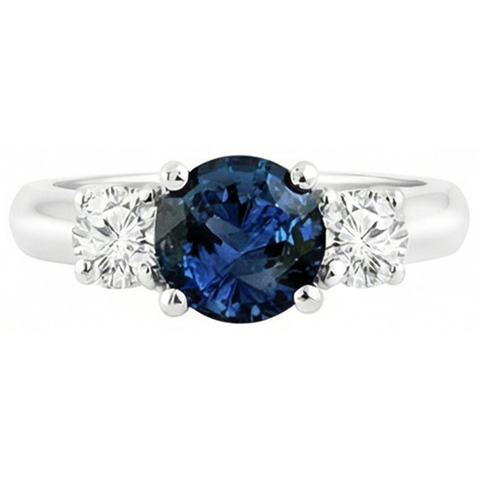 Anello con 3 pietre di zaffiro blu di Ceylon e diamante 4.50 carati in oro bianco 14K