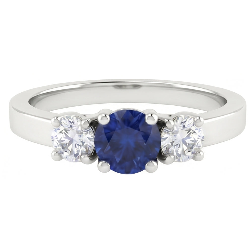 Anello con 3 pietre di zaffiro blu e diamante. 1.50 carati. set di cestini in oro a 4 punte