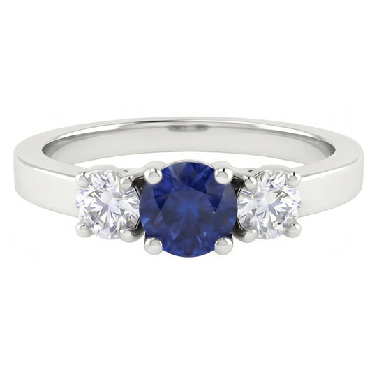 Anello con 3 pietre di zaffiro blu e diamante. 1.50 carati. set di cestini in oro a 4 punte