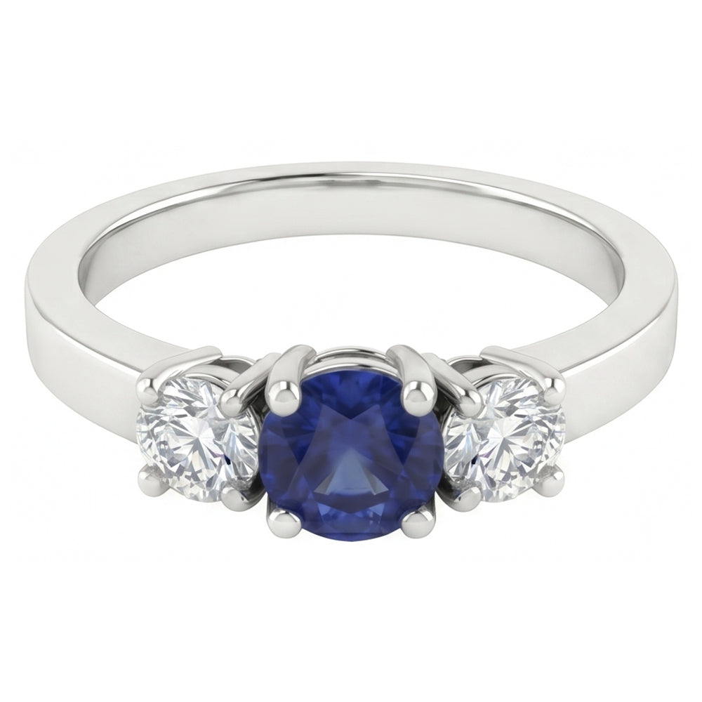 Anello con 3 pietre di zaffiro blu e diamante. 1.50 carati. set di cestini in oro a 4 punte