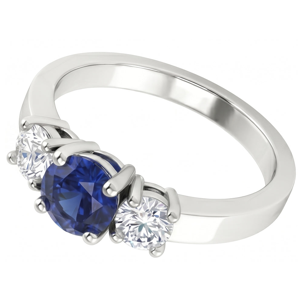 Anello con 3 pietre di zaffiro blu e diamante. 1.50 carati. set di cestini in oro a 4 punte