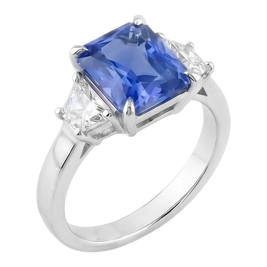 Anello con 3 pietre di zaffiro blu mezza luna con diamanti incastonati 3.50 carati