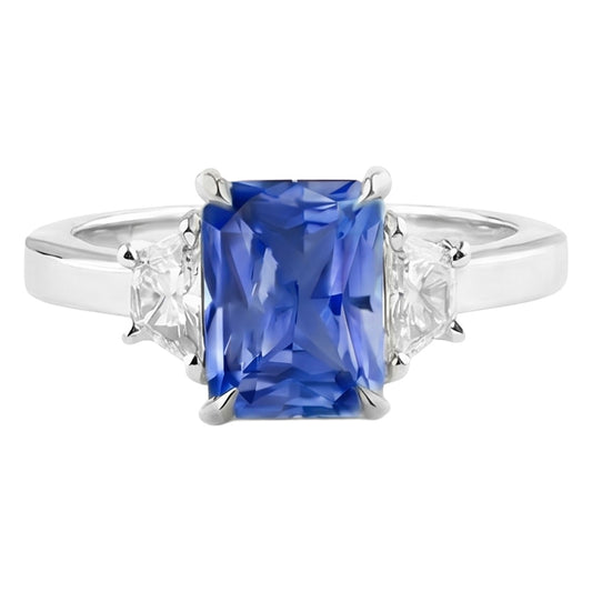 Anello con 3 pietre di zaffiro blu mezza luna con diamanti incastonati 3.50 carati