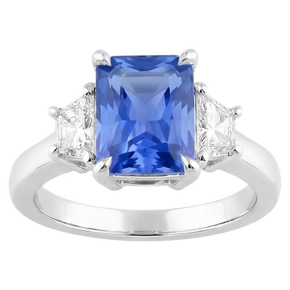 Anello con 3 pietre di zaffiro blu mezza luna con diamanti incastonati 3.50 carati