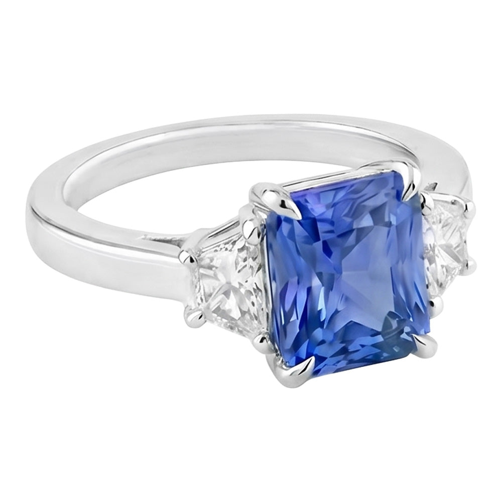 Anello con 3 pietre di zaffiro blu mezza luna con diamanti incastonati 3.50 carati
