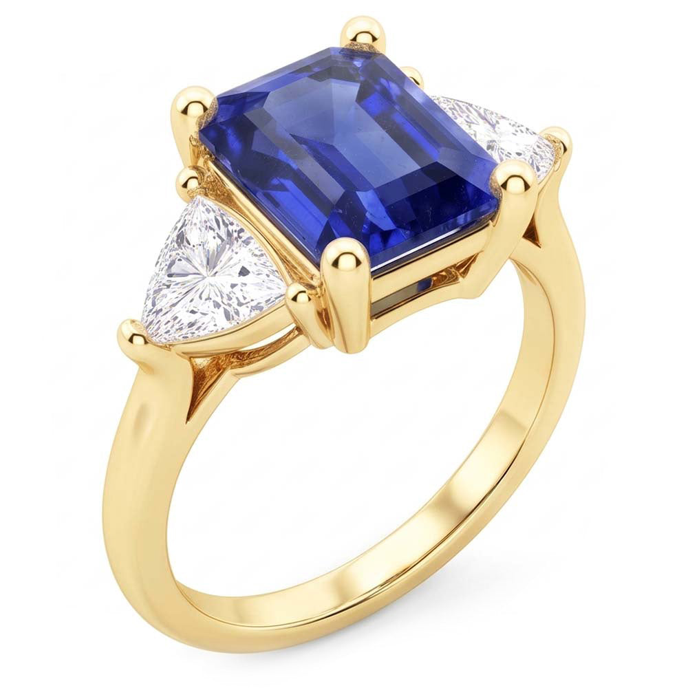 Anello con 3 pietre di zaffiro blu smeraldo con trilioni di diamanti da 2,50 carati