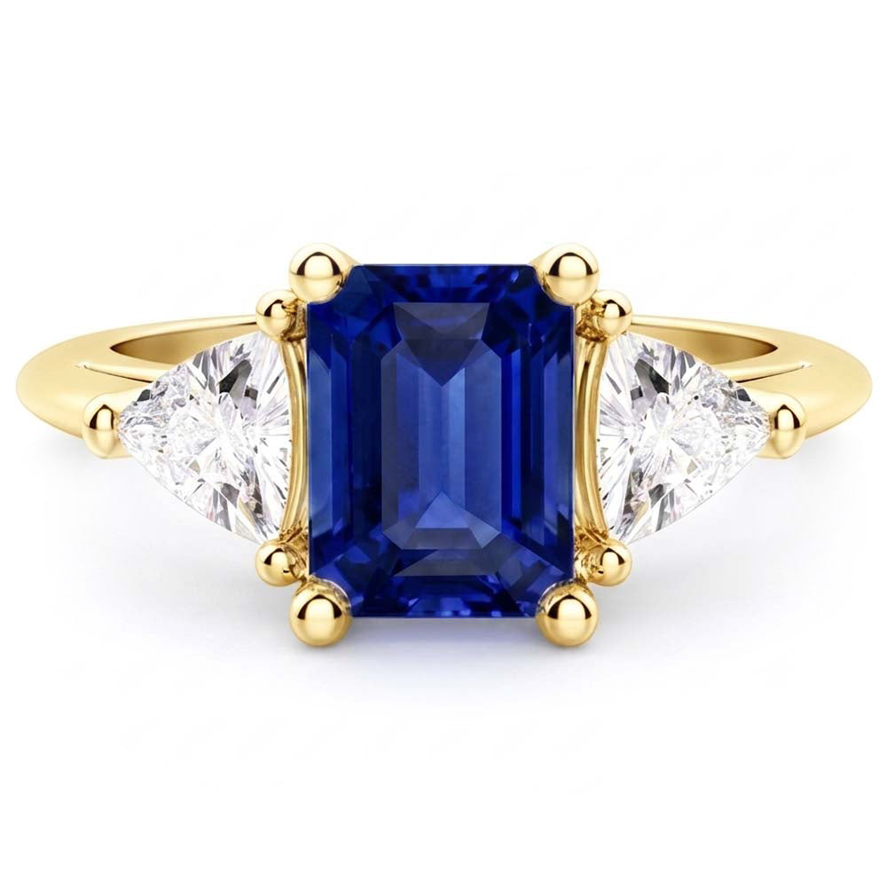 Anello con 3 pietre di zaffiro blu smeraldo con trilioni di diamanti da 2,50 carati