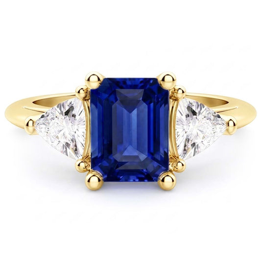 Anello con 3 pietre di zaffiro blu smeraldo con trilioni di diamanti da 2,50 carati