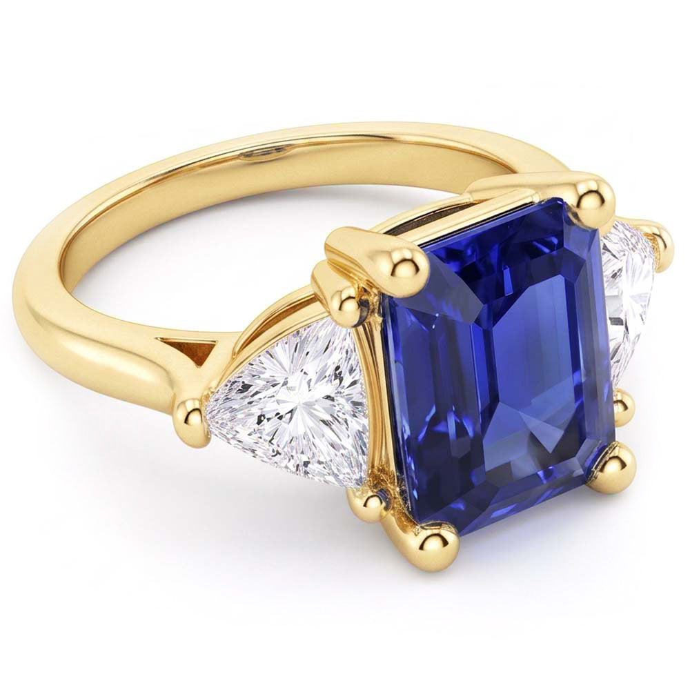 Anello con 3 pietre di zaffiro blu smeraldo con trilioni di diamanti da 2,50 carati
