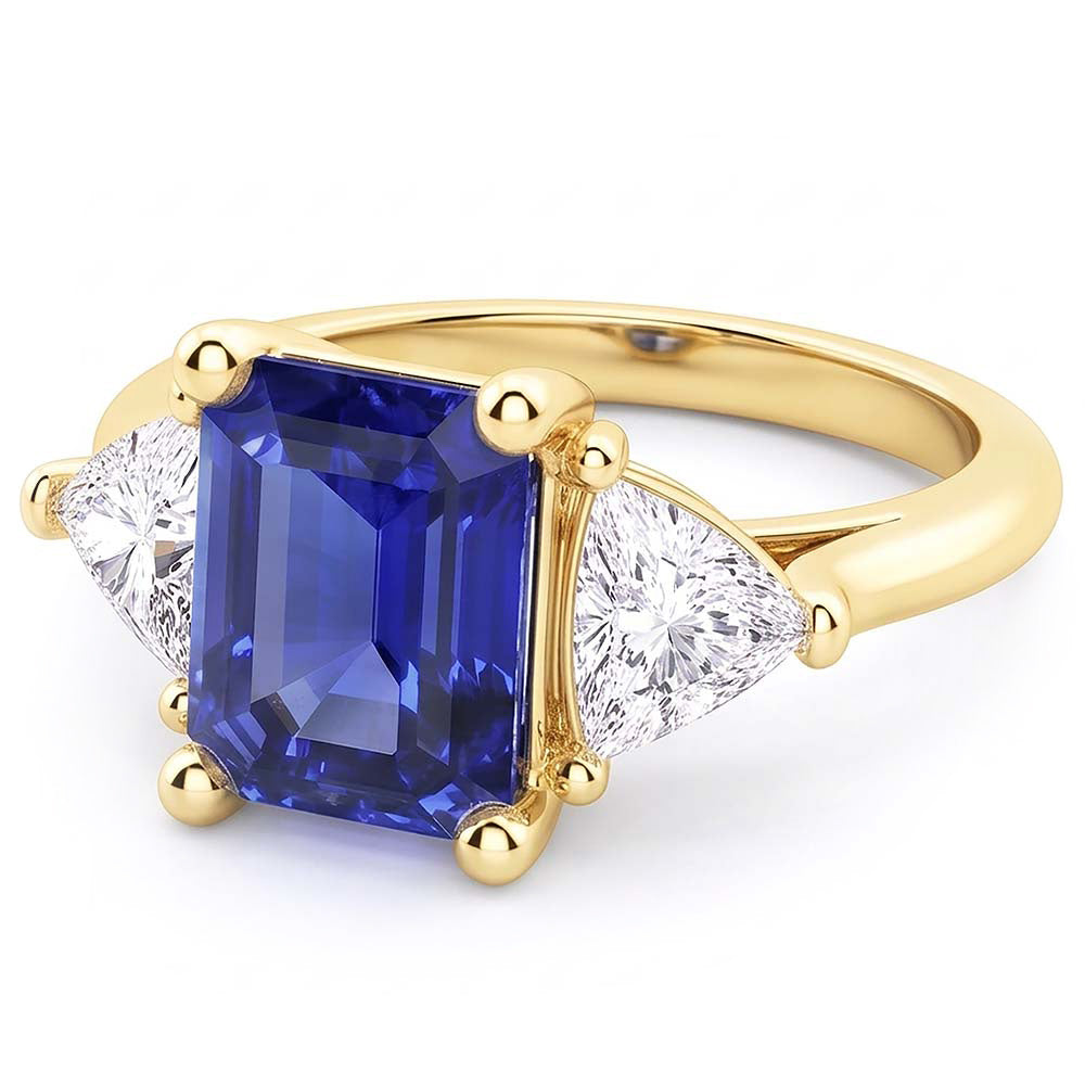 Anello con 3 pietre di zaffiro blu smeraldo con trilioni di diamanti da 2,50 carati