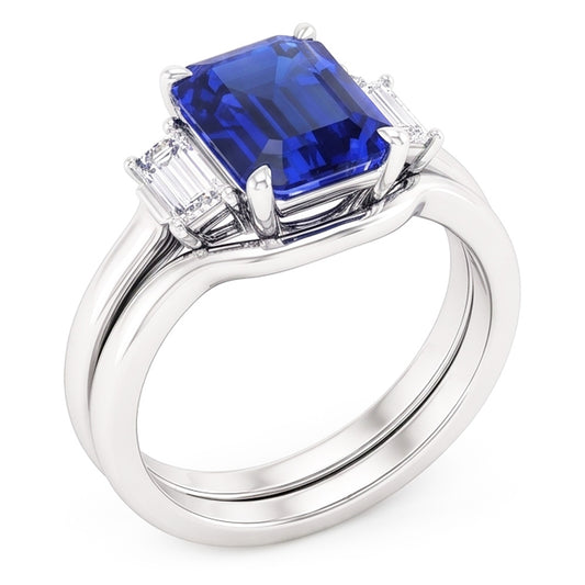 Anello con 3 pietre di zaffiro blu smeraldo e diamanti baguette incastonati da 1,75 carati