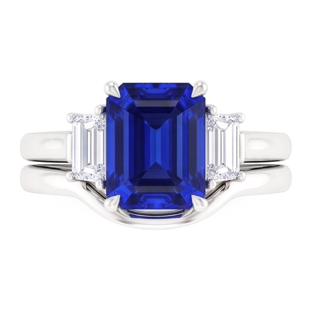 Anello con 3 pietre di zaffiro blu smeraldo e diamanti baguette incastonati da 1,75 carati