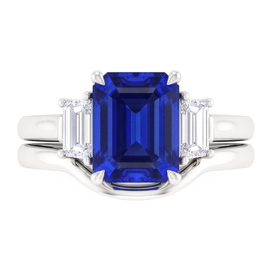Anello con 3 pietre di zaffiro blu smeraldo e diamanti baguette incastonati da 1,75 carati