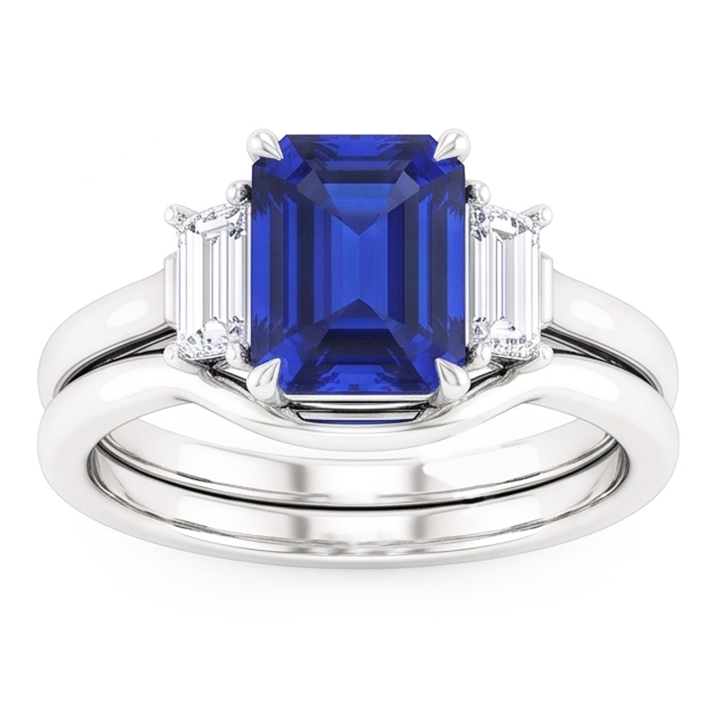 Anello con 3 pietre di zaffiro blu smeraldo e diamanti baguette incastonati da 1,75 carati