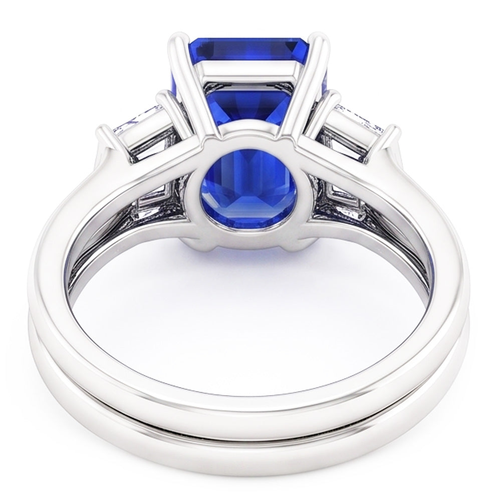 Anello con 3 pietre di zaffiro blu smeraldo e diamanti baguette incastonati da 1,75 carati