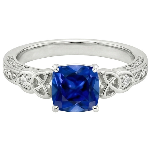 Anello con 3 pietre in stile vintage con zaffiri blu e diamanti rotondi 2.50 carati