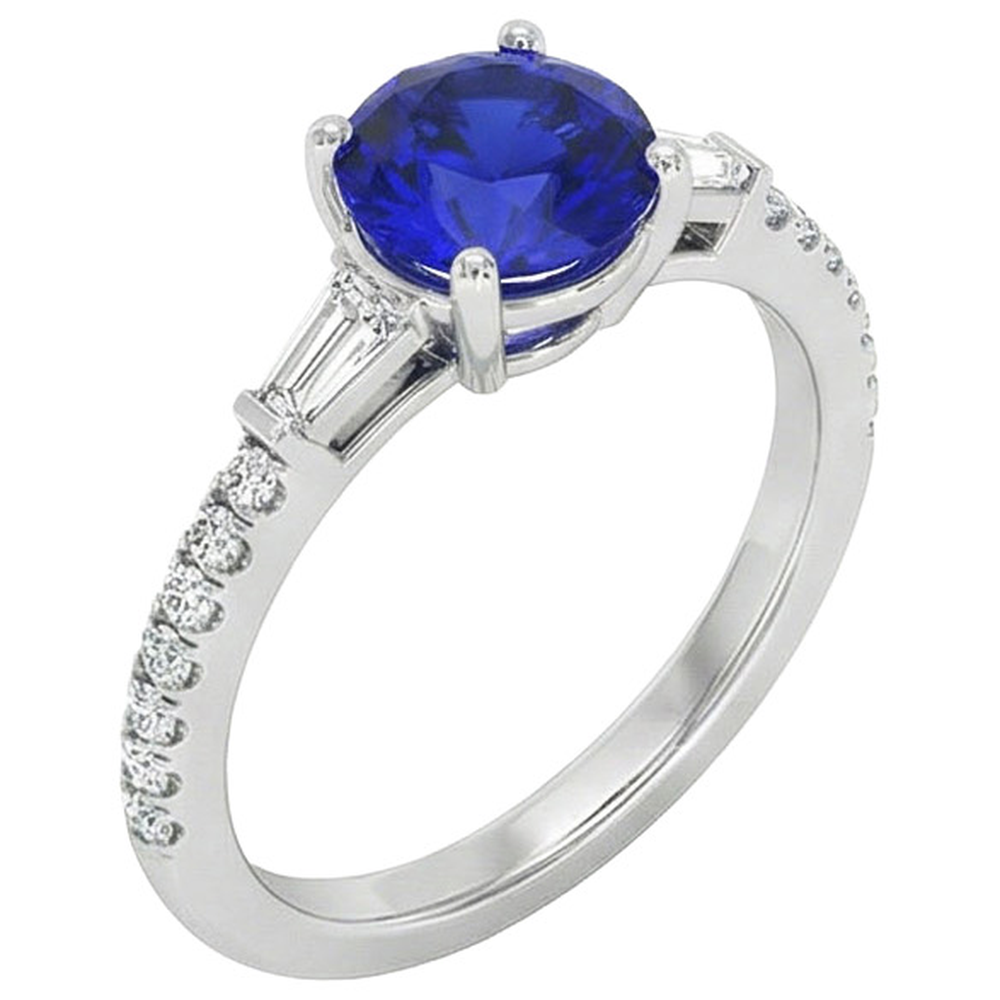 Anello con 3 pietre in vero diamante rotondo e zaffiro blu 5 carati