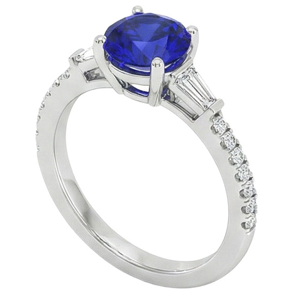 Anello con 3 pietre in vero diamante rotondo e zaffiro blu 5 carati