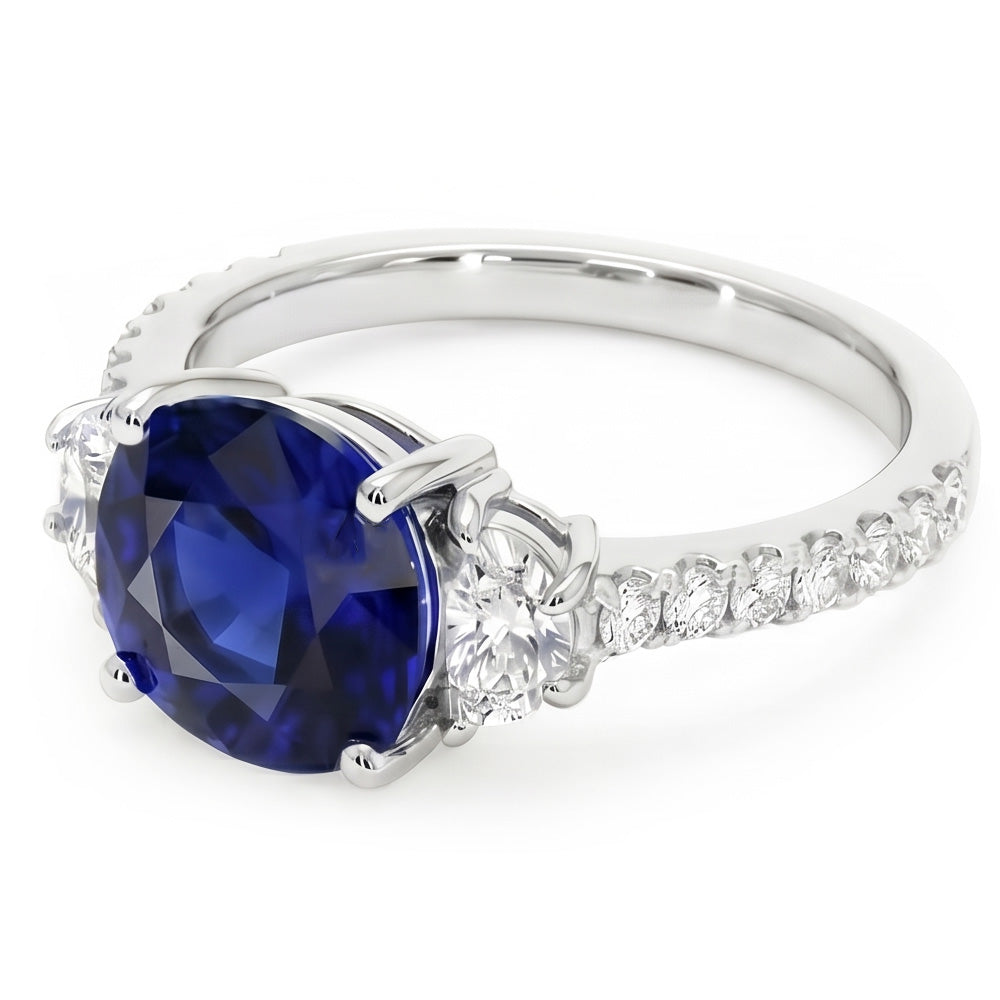 Anello con 3 pietre ovale in zaffiro di Ceylon e diamanti a mezza luna 11 carati