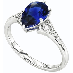 Anello con 3 pietre. pera zaffiro di Ceylon da 1,75 carati e diamanti in oro bianco 14K