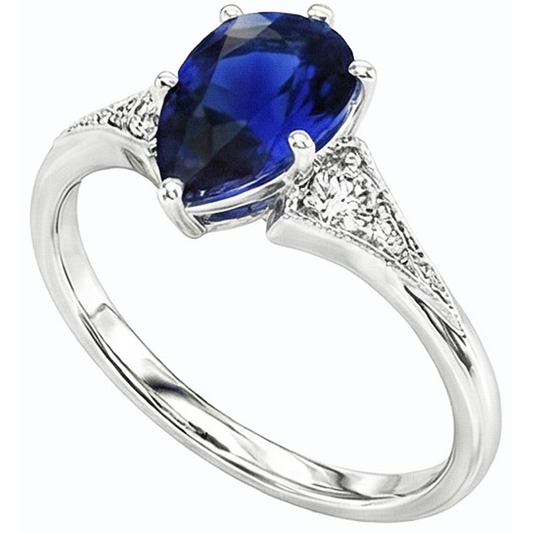 Anello con 3 pietre. pera zaffiro di Ceylon da 1,75 carati e diamanti in oro bianco 14K