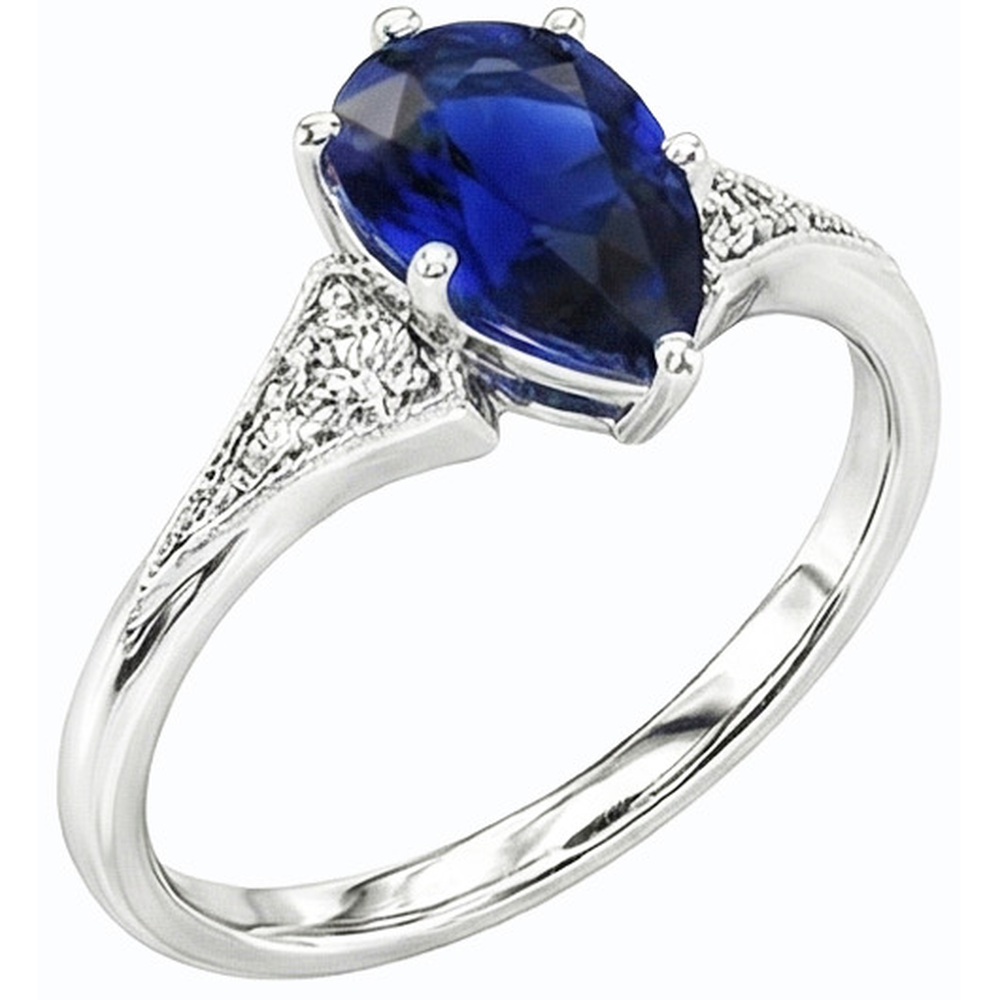 Anello con 3 pietre. pera zaffiro di Ceylon da 1,75 carati e diamanti in oro bianco 14K