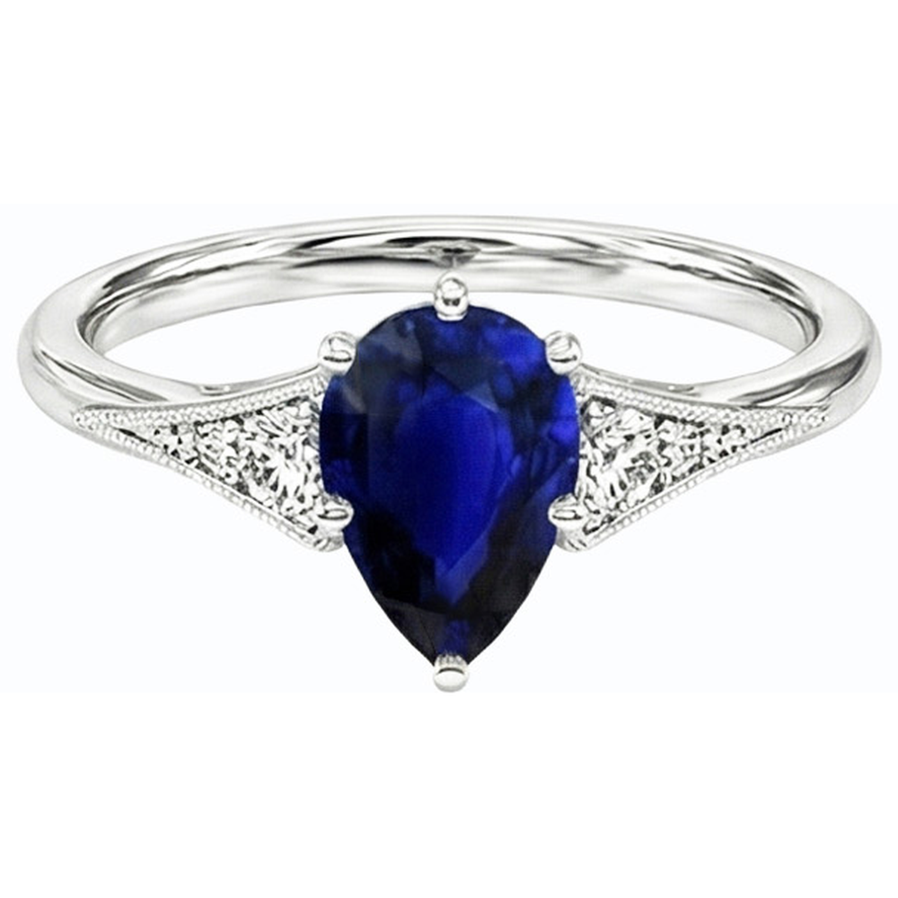 Anello con 3 pietre. pera zaffiro di Ceylon da 1,75 carati e diamanti in oro bianco 14K