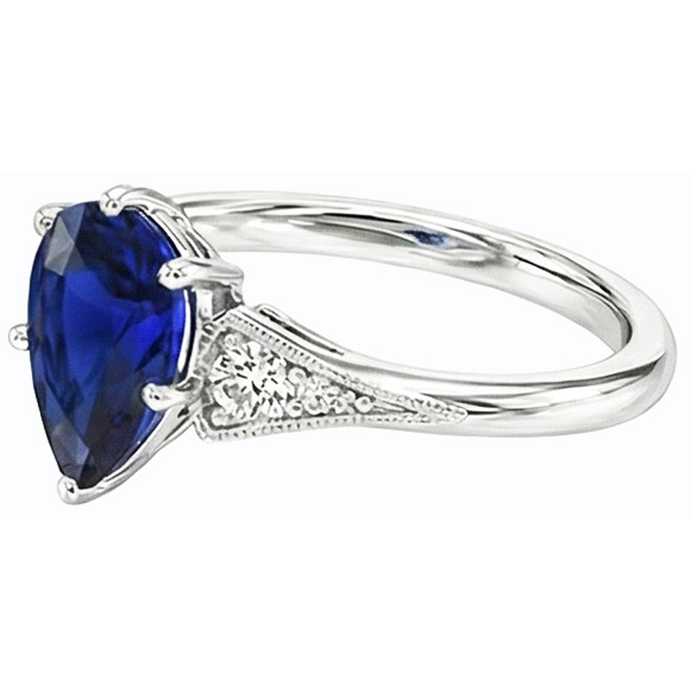 Anello con 3 pietre. pera zaffiro di Ceylon da 1,75 carati e diamanti in oro bianco 14K