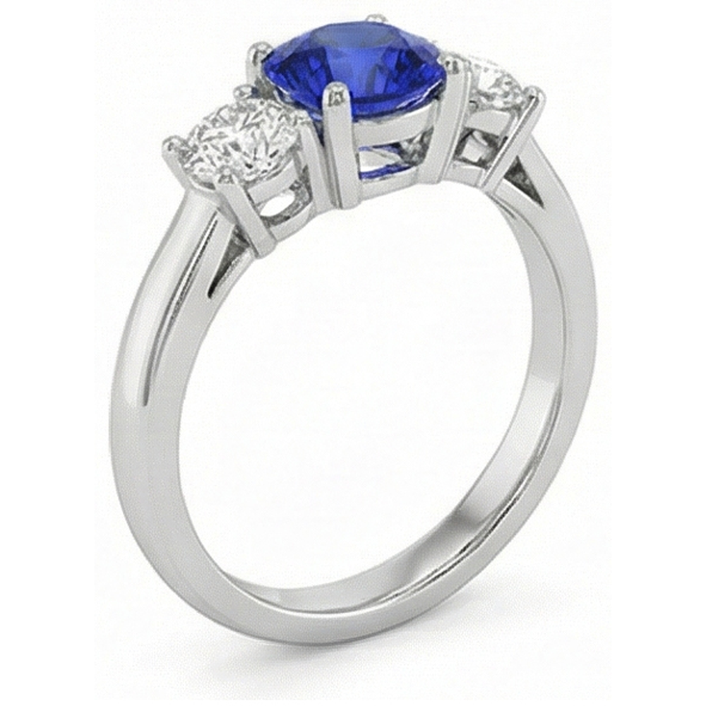 Anello con 3 pietre rotonde con zaffiri blu e diamanti. 4 carati. incastonati in oro 14K