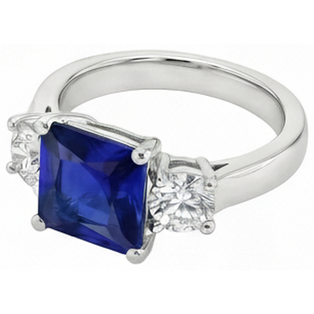 Anello con 3 pietre rotonde. diamanti e zaffiri Princess Ceylon. oro 6 carati