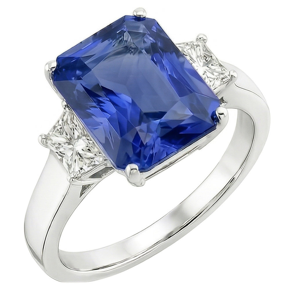 Anello con 3 pietre scintillanti e brillanti con zaffiro dello Sri Lanka 3.50 carati