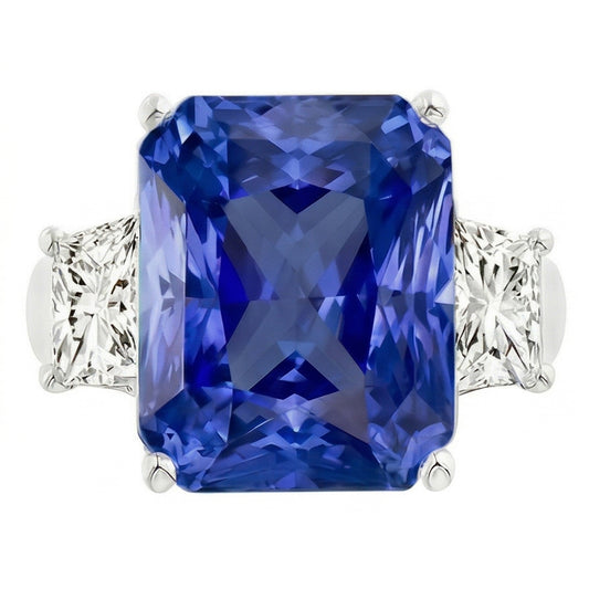 Anello con 3 pietre scintillanti e brillanti con zaffiro dello Sri Lanka 3.50 carati