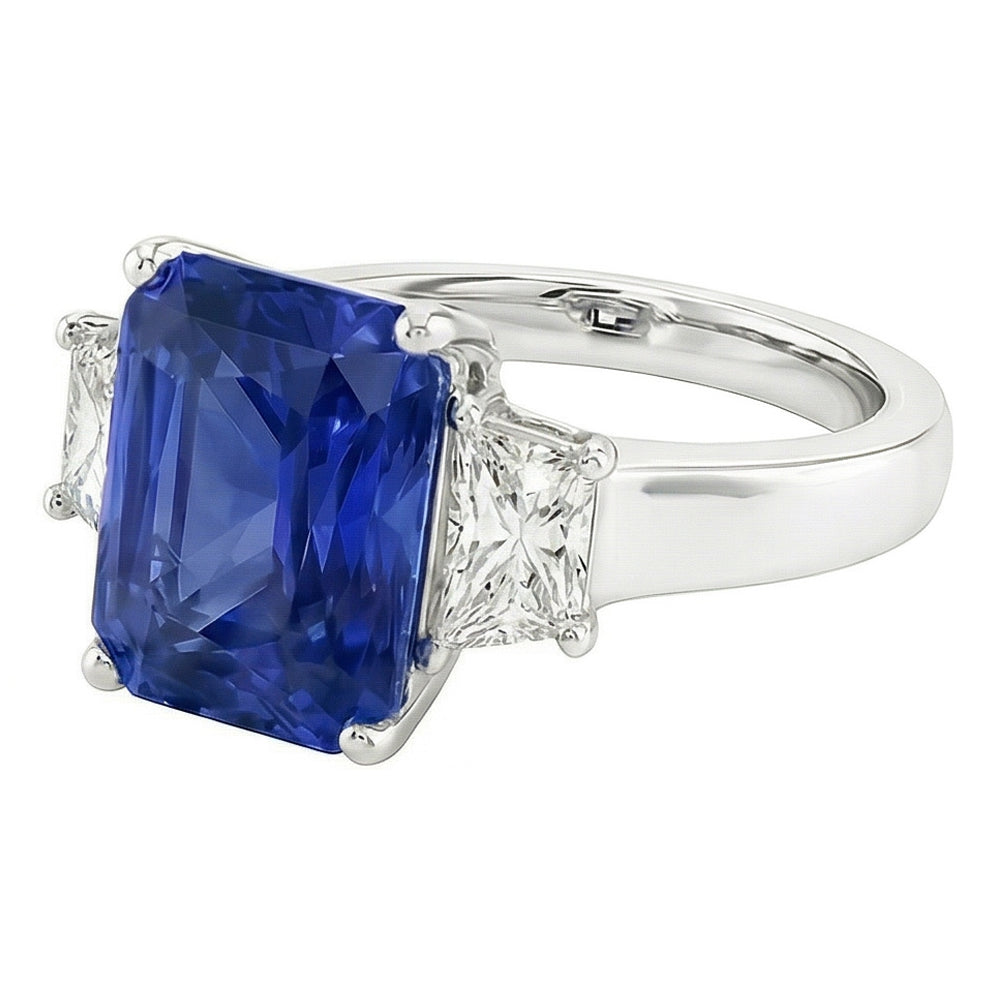 Anello con 3 pietre scintillanti e brillanti con zaffiro dello Sri Lanka 3.50 carati
