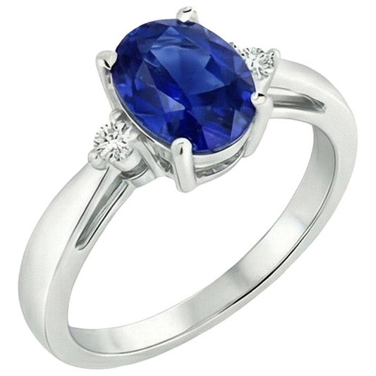 Anello con 3 pietre. zaffiro blu ovale e diamante. gambo affusolato da 4.75 carati