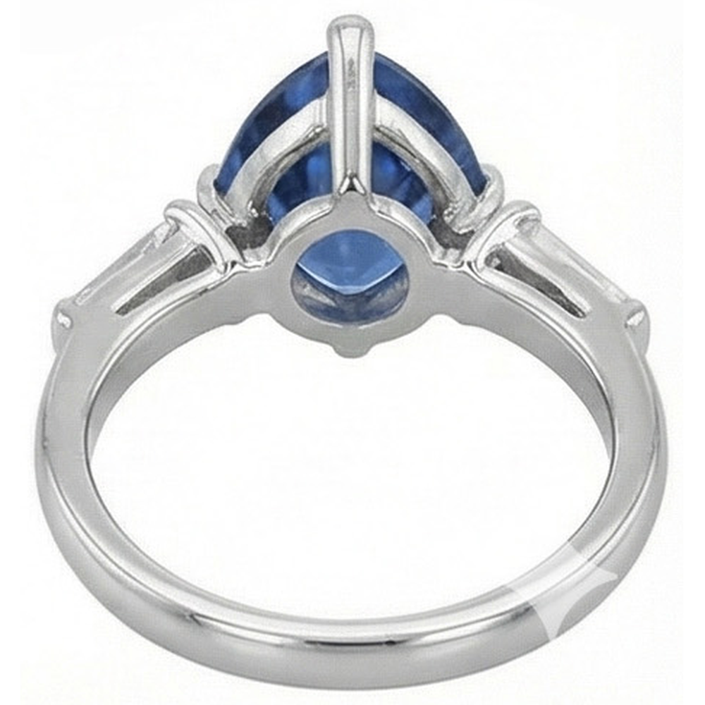 Anello con 3 trilioni di pietre zaffiri affusolati diamanti baguette 4.50 carati