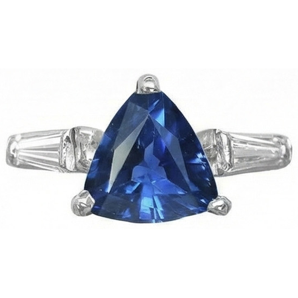 Anello con 3 trilioni di pietre zaffiri affusolati diamanti baguette 4.50 carati