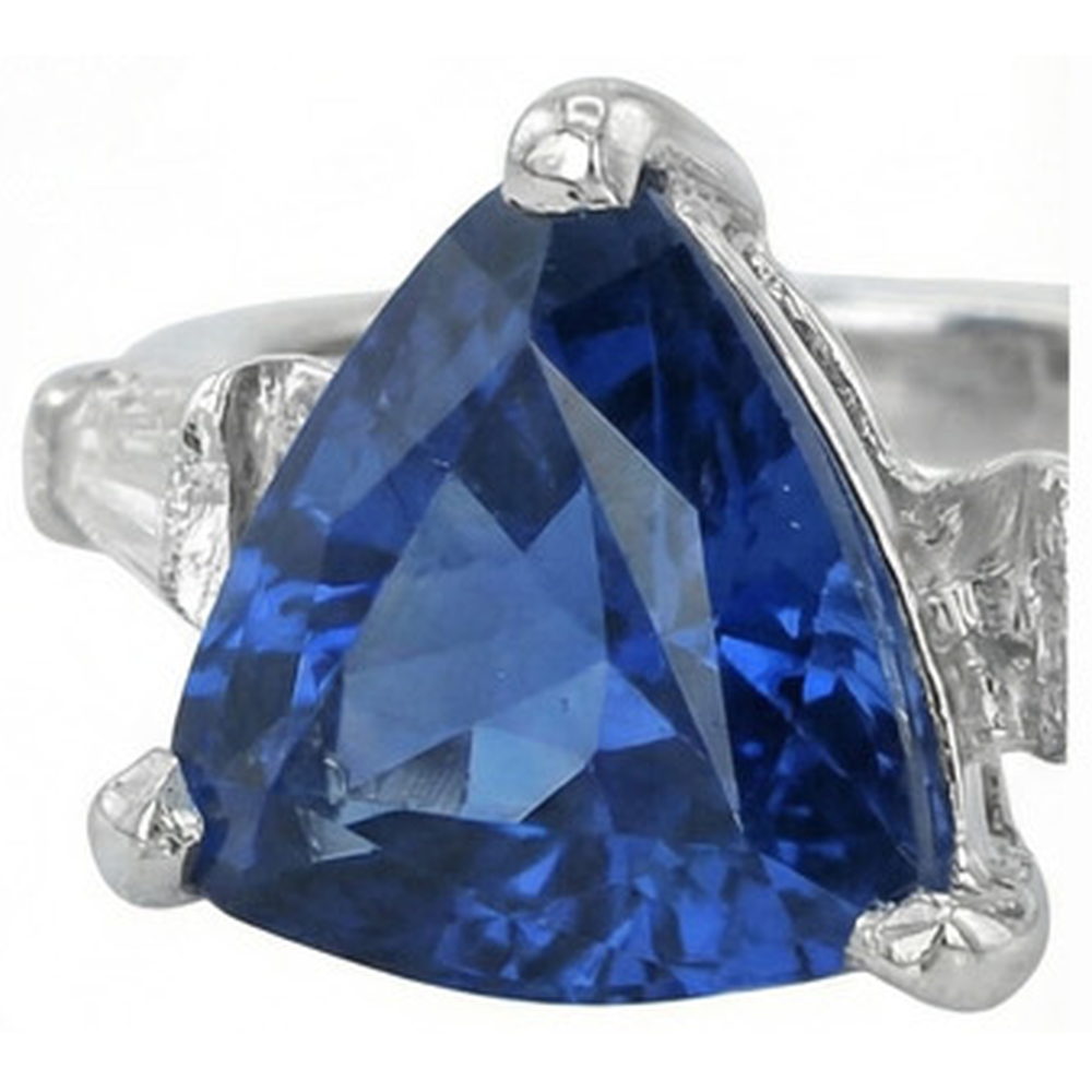 Anello con 3 trilioni di pietre zaffiri affusolati diamanti baguette 4.50 carati