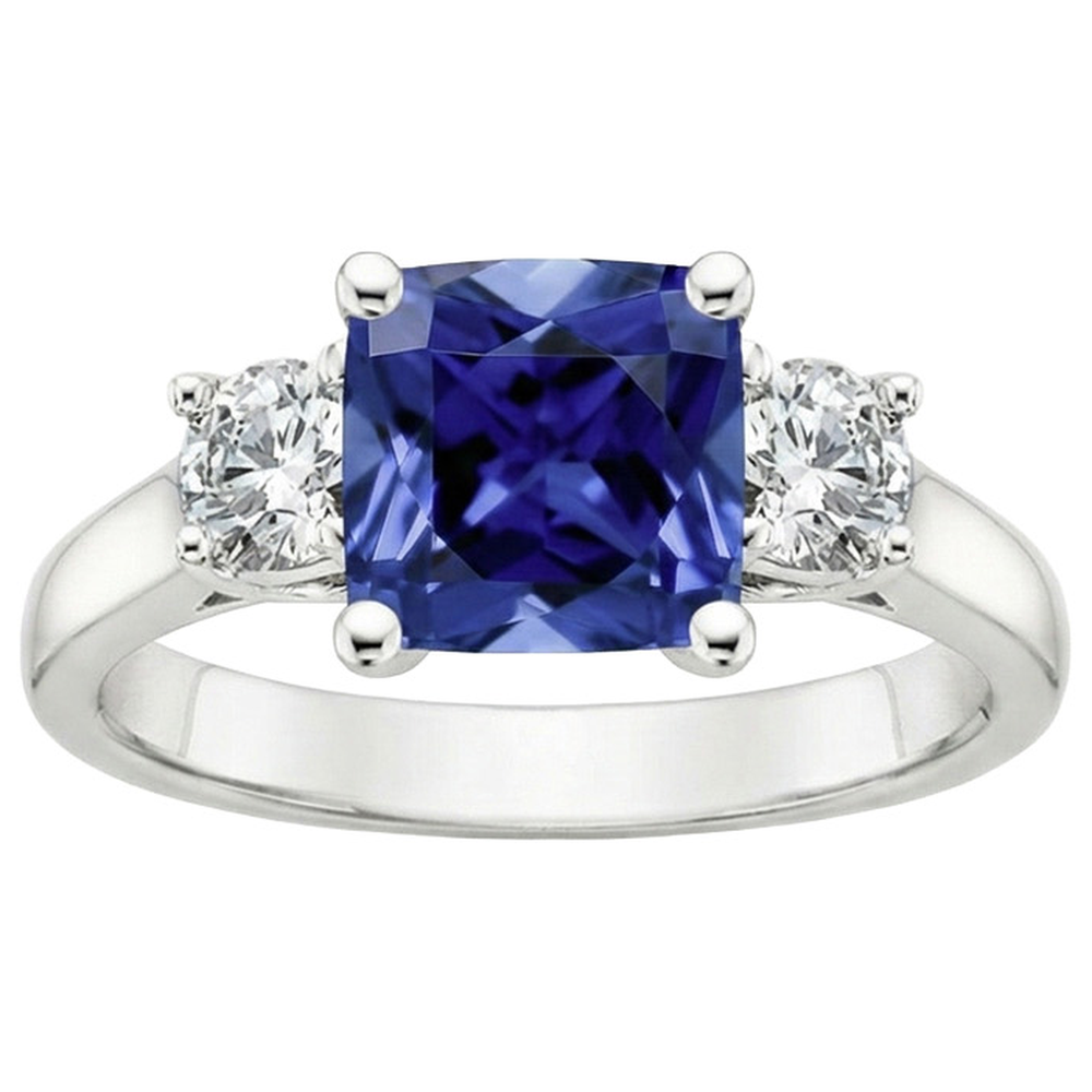 Anello con 3,25 carati Ceylon Cushion Sapphire Diamond 3 Stone in oro bianco 14K