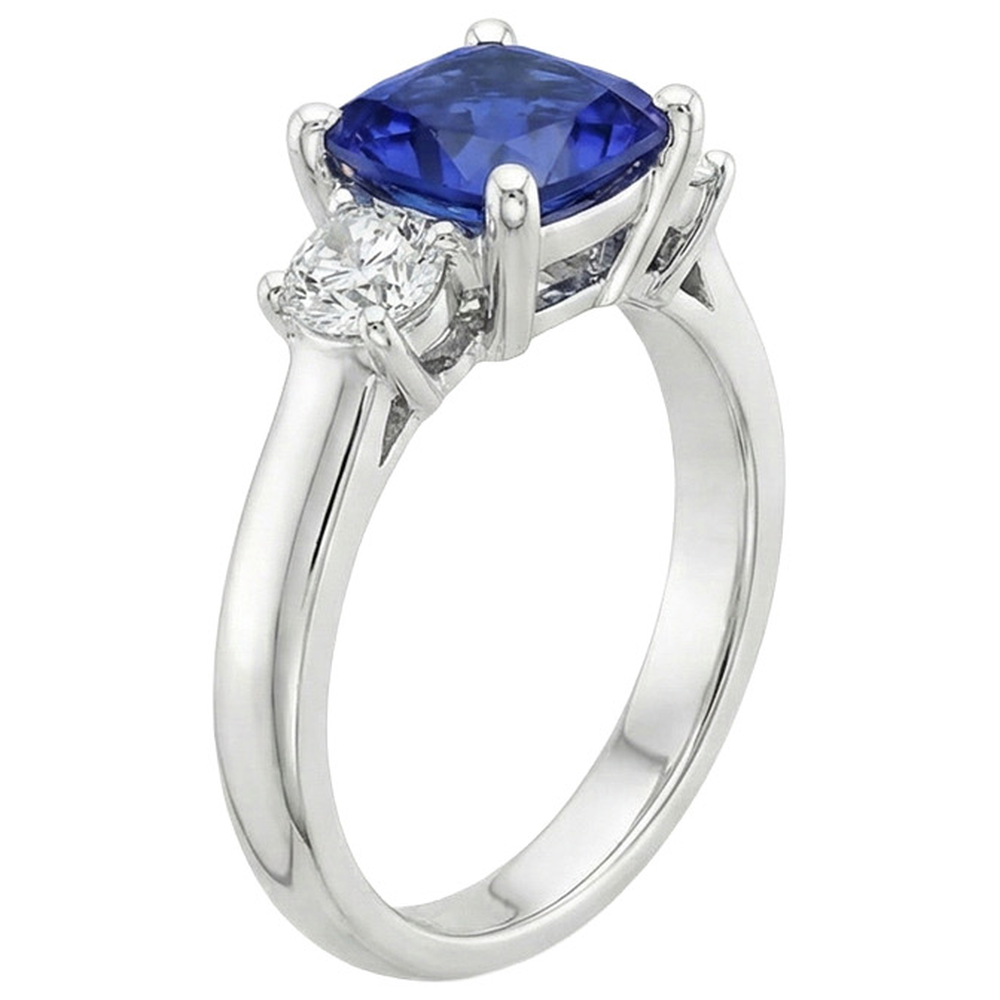 Anello con 3,25 carati Ceylon Cushion Sapphire Diamond 3 Stone in oro bianco 14K