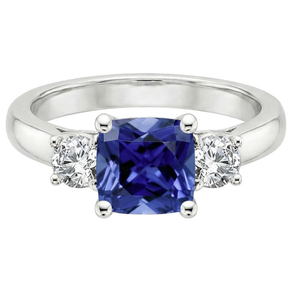 Anello con 3,25 carati Ceylon Cushion Sapphire Diamond 3 Stone in oro bianco 14K