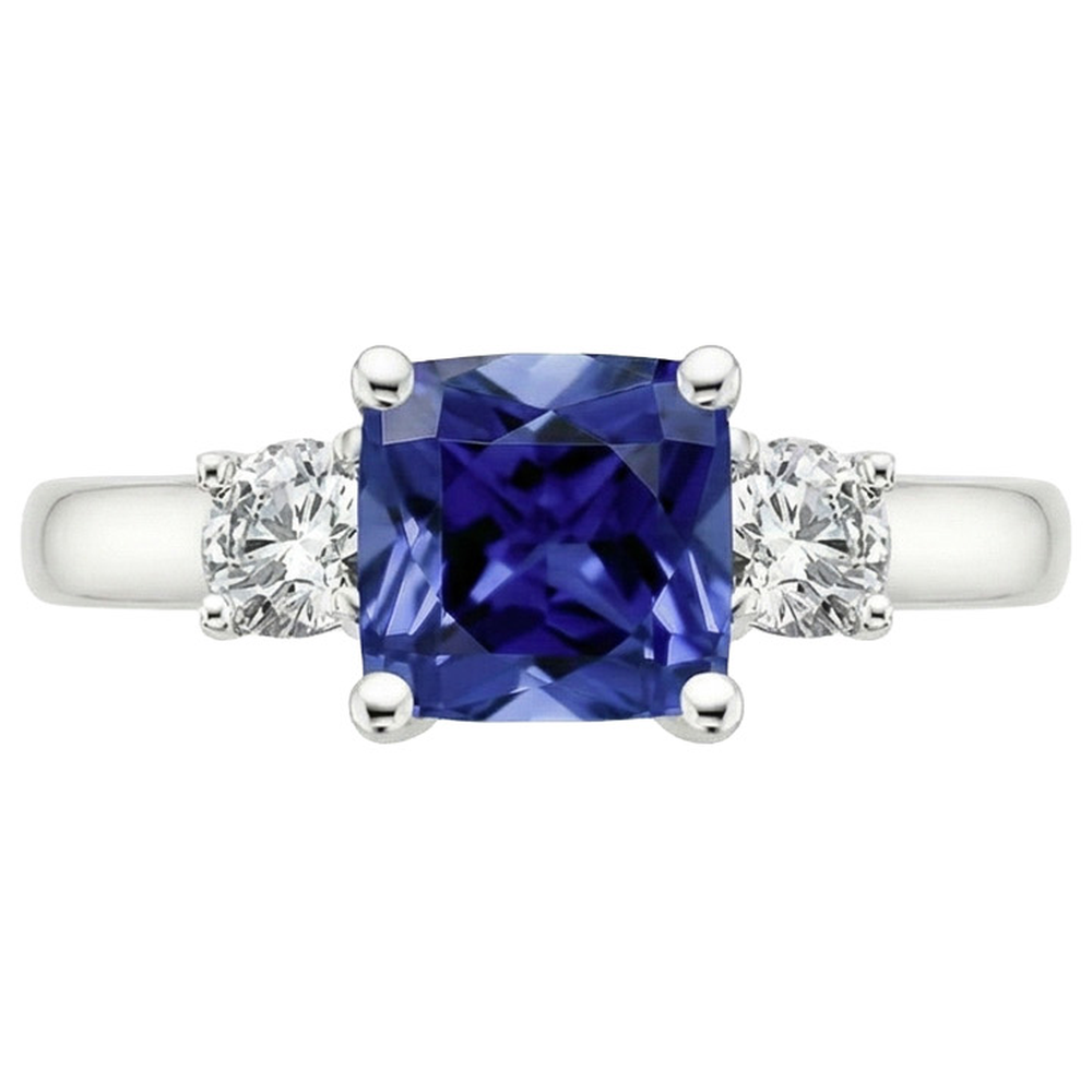 Anello con 3,25 carati Ceylon Cushion Sapphire Diamond 3 Stone in oro bianco 14K