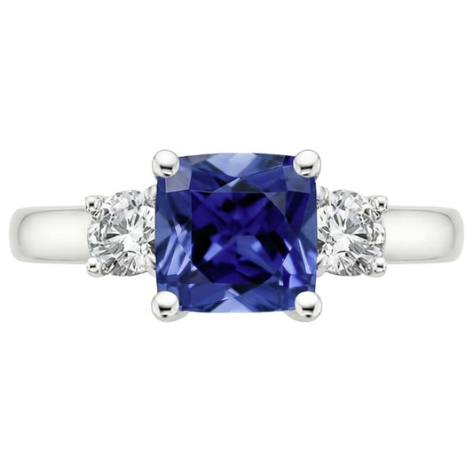 Anello con 3,25 carati Ceylon Cushion Sapphire Diamond 3 Stone in oro bianco 14K