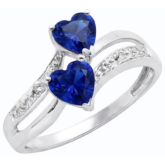 Anello con 3,50 carati Toi et Moi Cuore Gemma Ceylon Zaffiro e Diamante Naturale Autentico ( non creato in laboratorio ) in oro bianco 14K