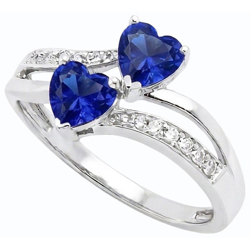 Anello con 3,50 carati Toi et Moi Cuore Gemma Ceylon Zaffiro e Diamante Naturale Autentico ( non creato in laboratorio ) in oro bianco 14K