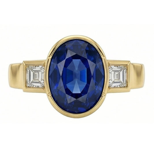 Anello con 3,60 carati lunetta in zaffiro blu dello Sri Lanka 3 pietre in oro bianco 14K